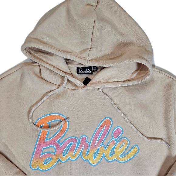 Barbie Hoodie Womens XL Beige Dream Car Graphic Pullover Sweatshirt Front Back - Picture 3 of 7